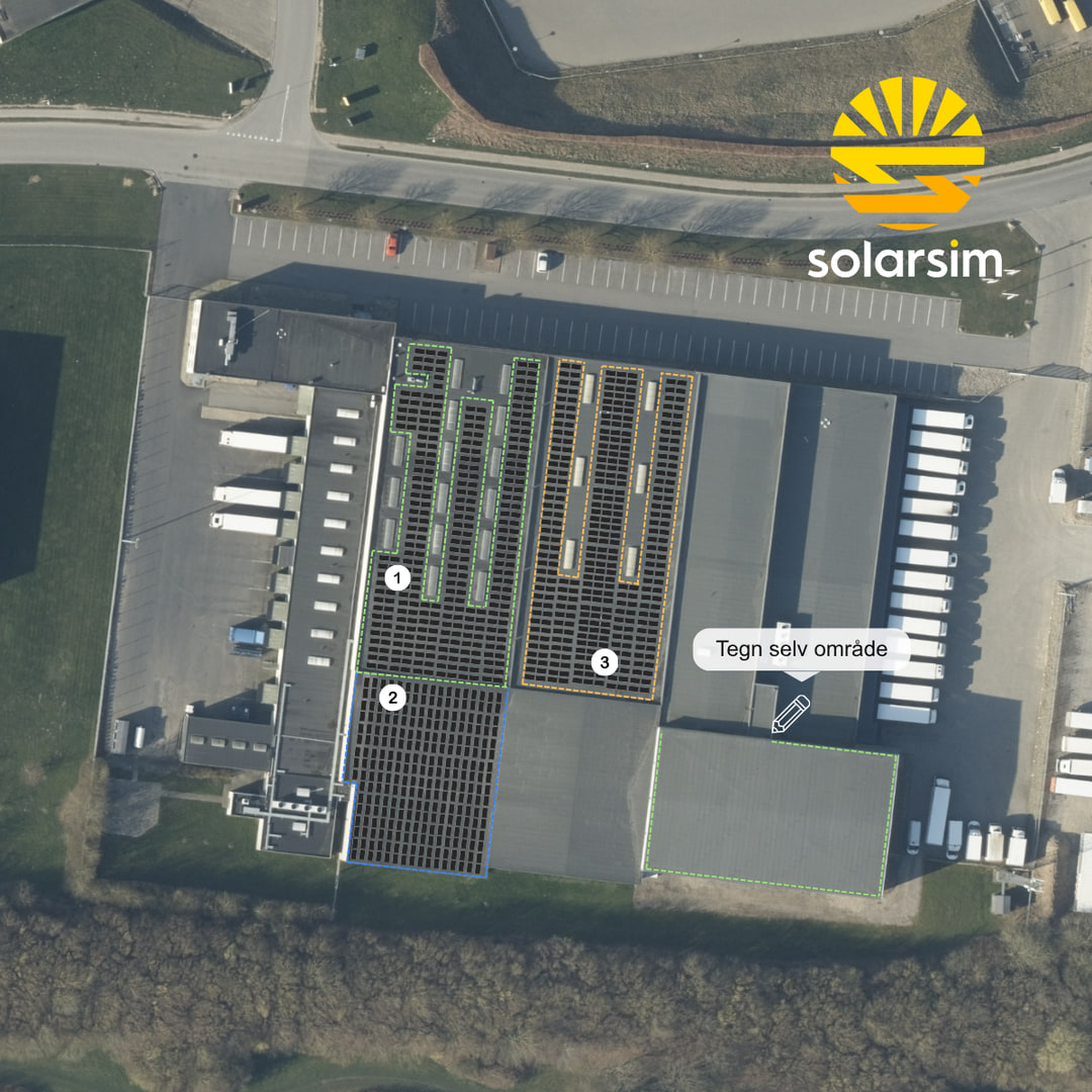 Programmet udregner automatisk, hvor store dele af eksempelvis taget på et lager, der kan bruges. Det beregnes ud fra sol/skygger og vejrforhold. Og det beregnes ud fra, hvad der giver økonomisk bedst mening. Men det er også muligt selv at justere placeringen. Illustration: SolarSim