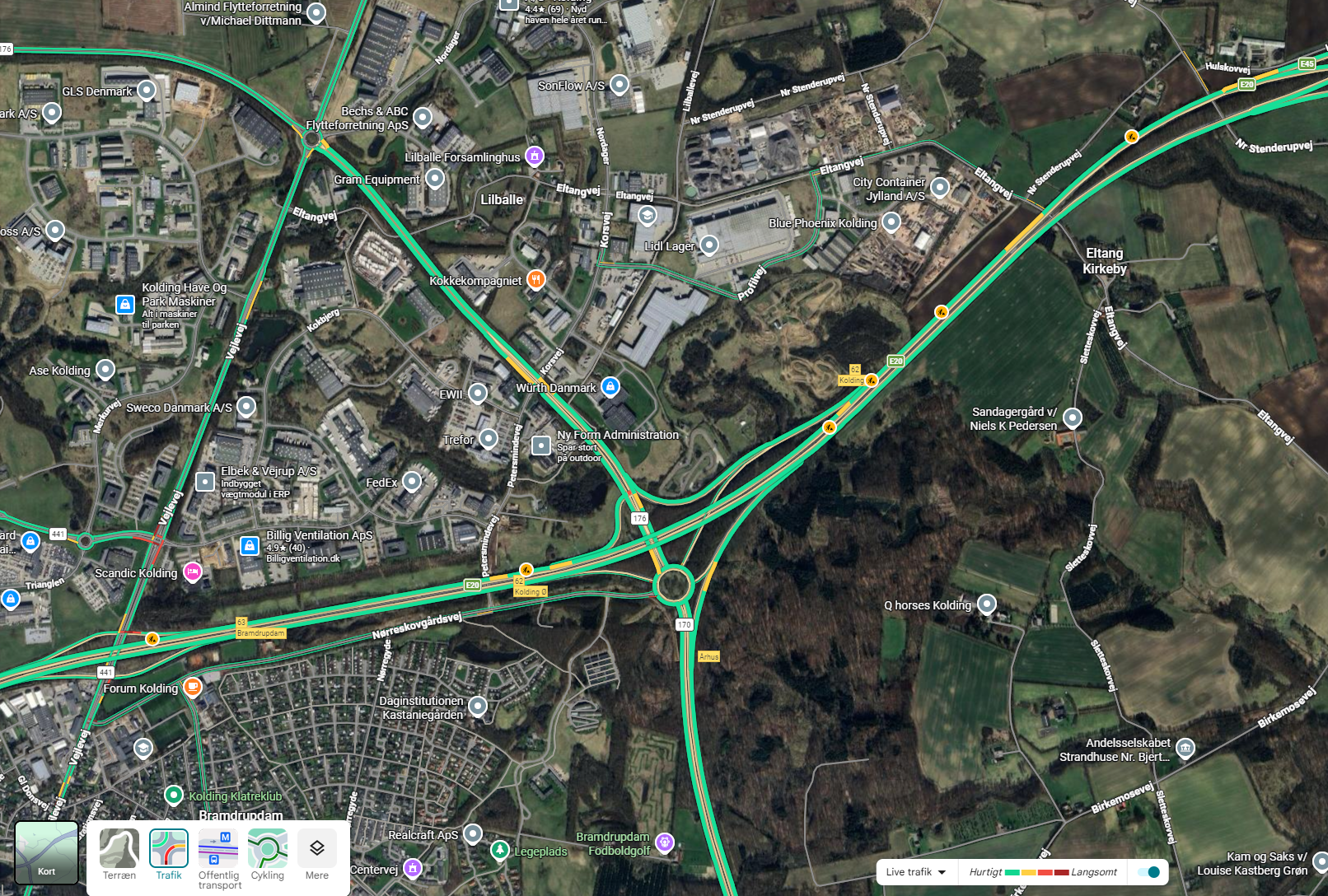 Funktionen "lag" i Google Maps kan bruges til at vise live-trafik. Illustration: Google Maps